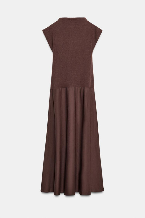 ROBE MIDI DOUCE BICOLORE À COL MONTANT