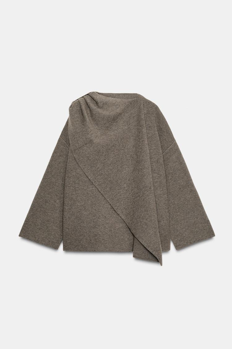MANTEAU COURT EN MAILLE AVEC ÉCHARPE INTÉGRÉE